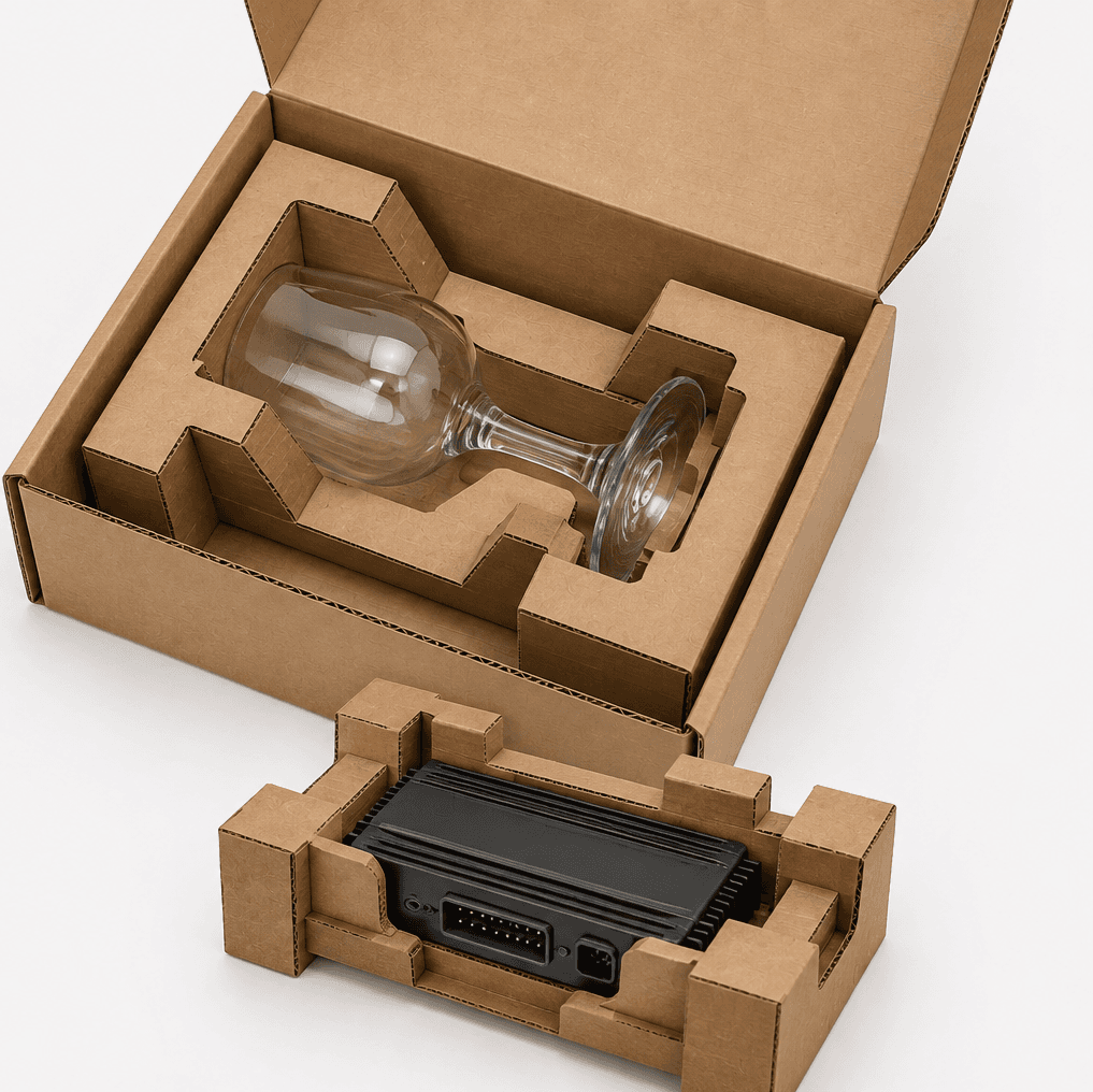 Caja de cartón con inserto troquelado que sujeta una copa de vidrio, y delante una cuna de cartón con una pieza electrónica