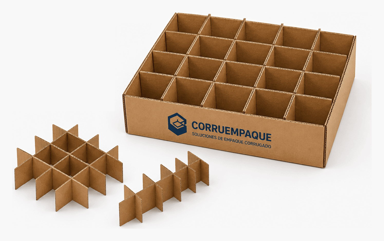 Caja de cartón corrugado con rejilla interna de veinte compartimentos y dos juegos de separadores encajados en cuadrícula al lado